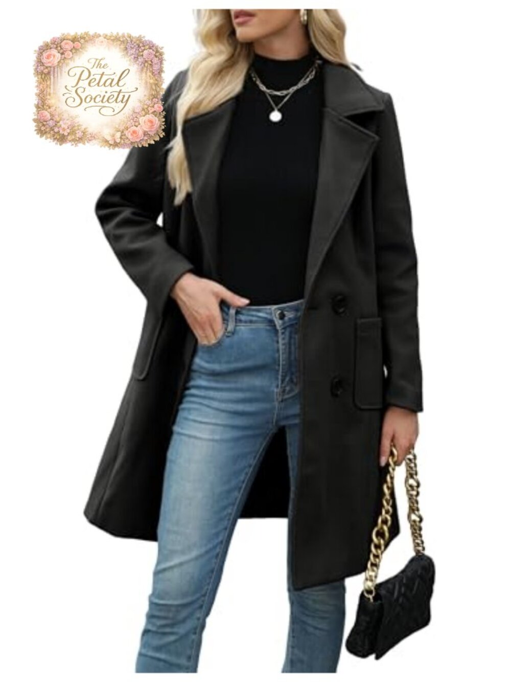 Women's Wool Blend Pea Coat Notch Double Breasted Mid-Long Winter Jacket
